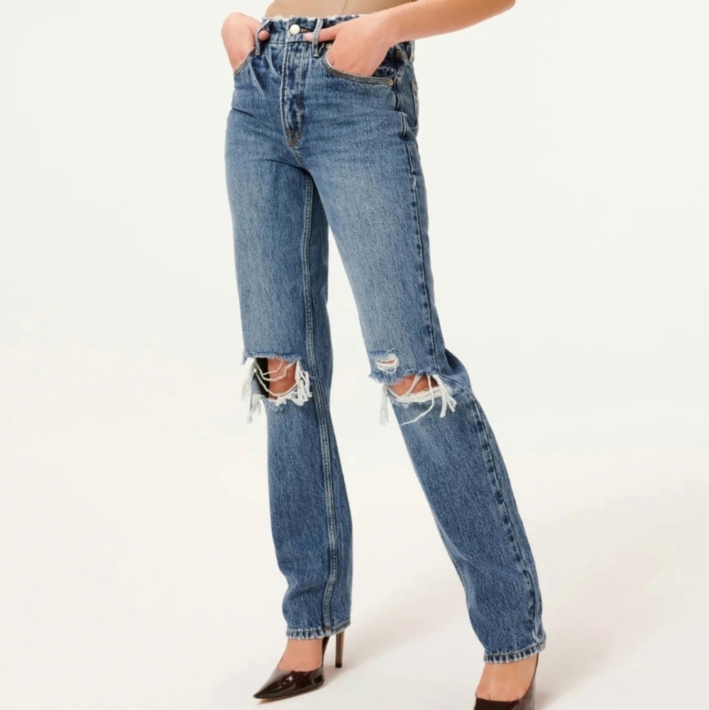 Good American NWT Good 90s Ripped Slim Fit Straight Leg Distressed Jeans